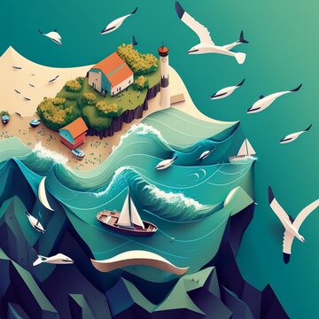 Ocean shore with waves, boat and seagulls, top view, pop-up window style illustration, fantasy art, generated in AI