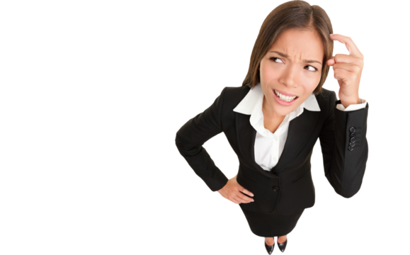 Thinking people. Business woman wondering funny looking to side while scratching her head. High angle view of Caucasian / Chinese Asian businesswoman isolated cutout PNG on transparent background. - Powered by Adobe