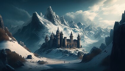 Castle surrounded by snowy mountains - obrazy, fototapety, plakaty