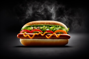 Delicious hot dog isolated on black background. AI generated. Fast food, Street food