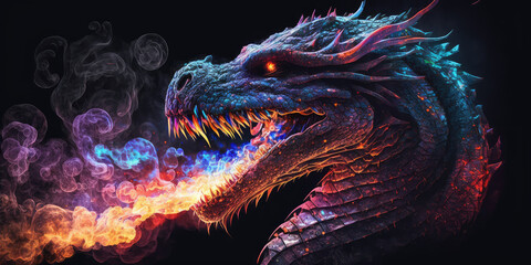 RGB dragon breathing fire. Mythology creature. Dark fantasy illustration. Generative AI
