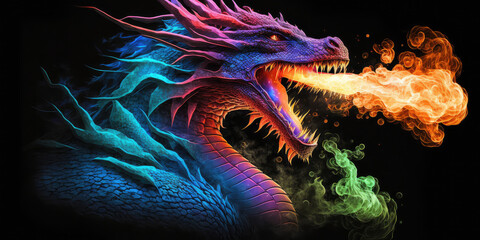 RGB dragon breathing fire. Mythology creature. Dark fantasy illustration. Generative AI