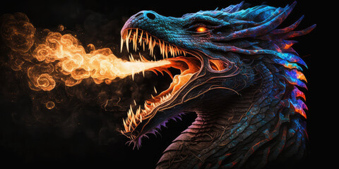RGB dragon breathing fire. Mythology creature. Dark fantasy illustration. Generative AI