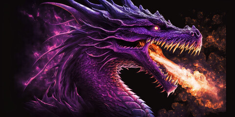 Purple dragon breathing fire. Mythology creature. Dark fantasy illustration. Generative AI