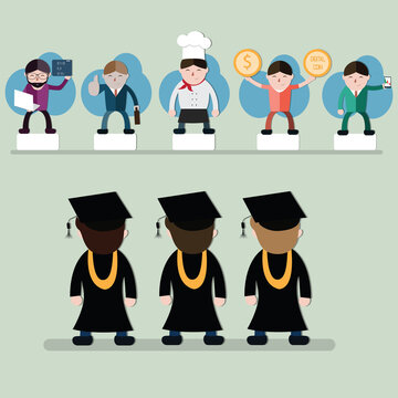A group of young men wearing a graduation suit  stand and choose a job description - vector