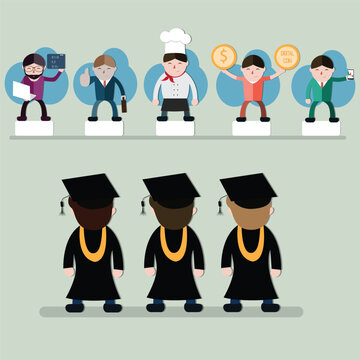 A group of young men wearing a graduation suit  stand and choose a job description - vector