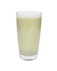 Soy products milk in tall glass. Have hair part basil seeds, green tea, fresh milk. Popularly eaten for breakfast rich in nutrients vitamin A, B, B1, B2, B6, B12, C, D, E. Isolated on cutout PNG.