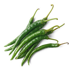 pile of green chillies isolated, common vegetable used for their spicy taste, taken straight from...