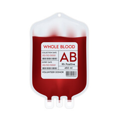 Blood bag with label different blood group AB and Rh system. Medical concept. 3D File PNG.