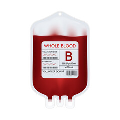 Blood bag with label different blood group B and Rh system. Medical concept. 3D File PNG.