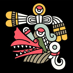 Head of Aztec god of wind Ehecatl. Mexican codex design. Native American mythology. On black background.