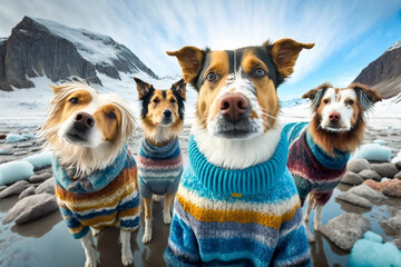 a group of dogs wearing dog sweaters, taking a selfie on Antarctica glaciers