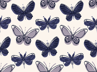 Butterflies seamless pattern in navy blue, violet and gray colors. Vector illustration for textile print.