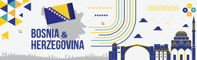 Bosnia and Herzegovina Independence day Banner Design with Bosnia Flag, colors theme background, Bosnia and Herzegovina Map, Text Landmarks, Geometric Abstract Blue Yellow White colors Illustration