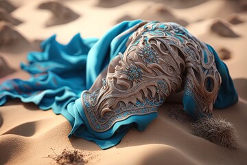 Photo of a scarf used for decoration on a sand backdrop, taken up close Generative AI - obrazy, fototapety, plakaty