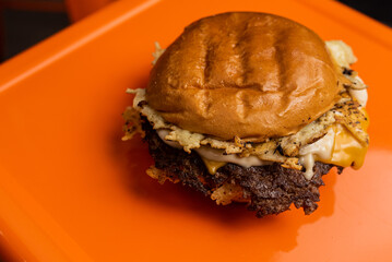 Smash - Beef burger sandwich with parmesan cheese crust, cream cheese and mozzarella cheese