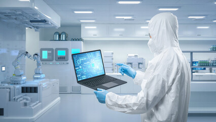 Worker or engineer wears protective suit or coverall suit work in semiconductor manufacturing...