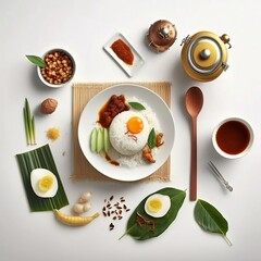 Obraz na płótnie Canvas A Flatlay Illustration of Malaysian Food on a White Surface Generative AI