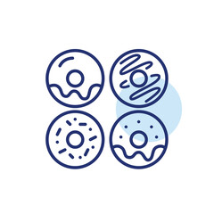 Assortment of donuts. Glazed, sprinkled and frosted. Work or children party sweet treats. Pixel perfect, editable stroke