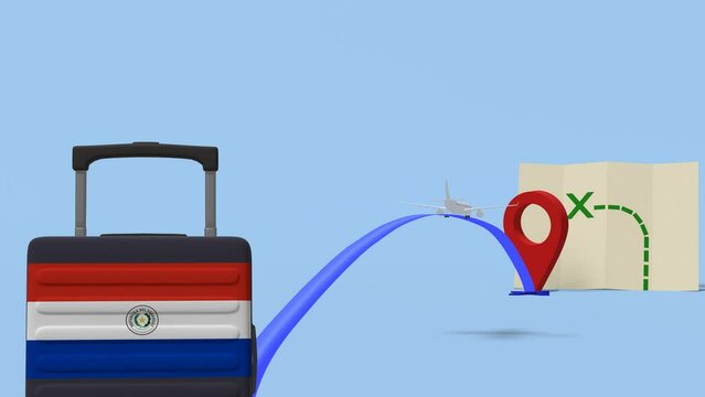 Airline flying to map with a suitcase containing the flag of  - Paraguay