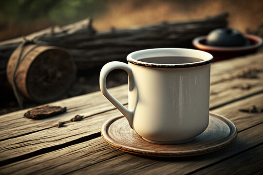 Blank White Camping Coffee Cup on Wood Table, Coffee Mug Print on Demand Mockup