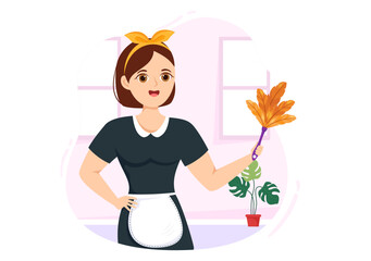 Professional Girl Maid Illustration of Cleaning Service Wearing her Uniform with Apron for Clean a House in Flat Cartoon Hand Drawn Templates