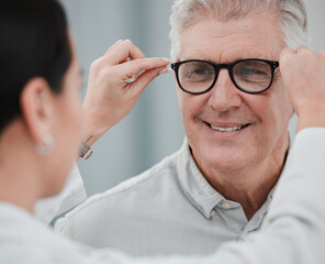 Glasses check, senior vision and elderly man at a consulting optometry clinic for wellness. Happy, smile and old face with lens, frame and eyewear choice in a store for help getting a prescription - obrazy, fototapety, plakaty