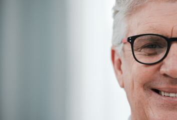 Glasses, senior smile and face portrait of a elderly man with mock up from vision check. Happy old...