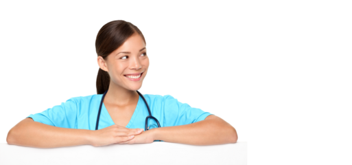 Medical sign or banner for edge. Woman nurse or young doctor in scrubs showing empty blank paper sign isolated cutout PNG on transparent background. Young multiracial medical professional.