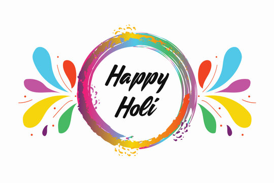 Happy Holi card with color splashes and pichkari . Phagwa festival paints color confetti tinsel sequin design.. Vector illustration. 