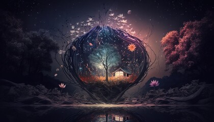 Fantasy Forest and cabin enclosed in a Pod, Fantasy Forest at night Concept, Luminous Flowers, Fireflies, Ai, Ai Generated