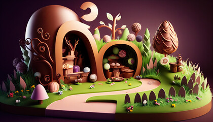 Easter eggs in an easter themed landscape, wallpaper, chocolate land, candy land, Generative AI