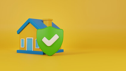 A house with a green shield on it. 3D Illustration