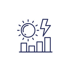 solar energy production line icon with a sun and a graph - obrazy, fototapety, plakaty