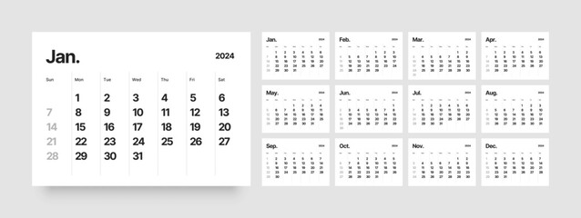 Monthly calendar template for 2024 year. Wall calendar in a minimalist style. Week Starts on Sunday.  - obrazy, fototapety, plakaty