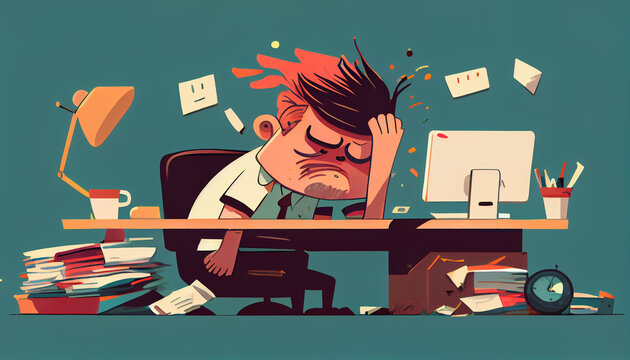 Tired male new employee with too much work at IT company, generative AI