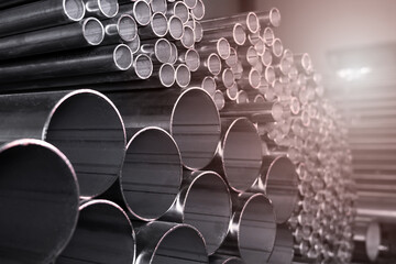 Stainless steel pipes in an industrial warehouse
