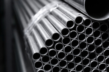 Stainless steel pipes in an industrial warehouse