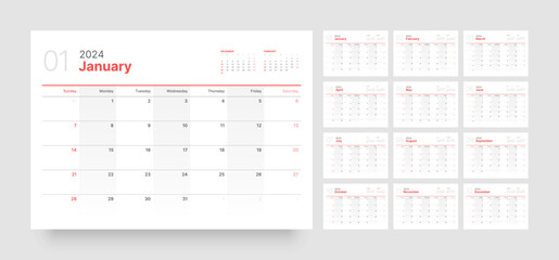 Monthly calendar template for 2024 year. Wall calendar in a minimalist style. Week Starts on Sunday. Planner for 2024 year.