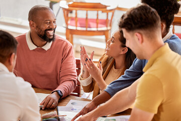 Creative teamwork, meeting and happy business people talking, in discussion and brainstorming...