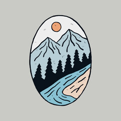 View of the river , wild mountain and nature art design for badge, sticker, t shirt vector