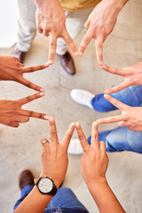 Shape, above and hands of business people in a star for team building, peace and support....