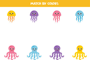 Color matching game for preschool kids. Match cute octopuses and jelly fish by colors.