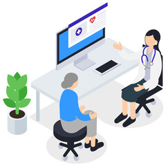 診察する女性医師とシニアの女性患者のアイソメトリックイラスト