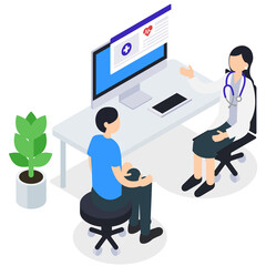診察する女性医師と男性患者のアイソメトリックイラスト
