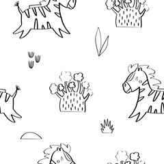 Seamless pattern with cute running zebras and africa nature elements. Vector illustration in doodle style for your design