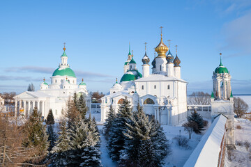 View of the temples of the ancient Spaso-Yakovlevsky Dmitriev monastery on a sunny January day....