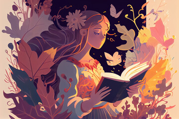 illustration of curious child with book in a magical forest in the imagination. AI