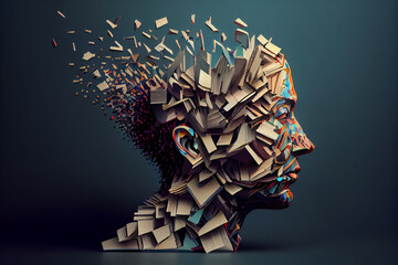 illustration of face made from many books abstract book day. AI - obrazy, fototapety, plakaty