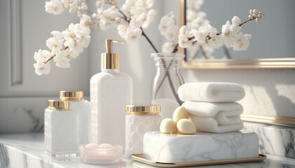 Obraz na płótnie Canvas Cosmetic products for body care are displayed beautifully in elegant soft light in a white bathroom interior with a modern style. selective focus. Generative AI